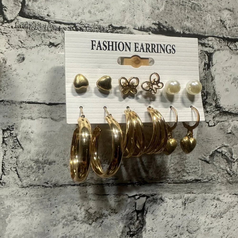 NWT Fashion Earrings Full Set (3 Studs, 2 Small Hoops, 1 Dangle Heart)